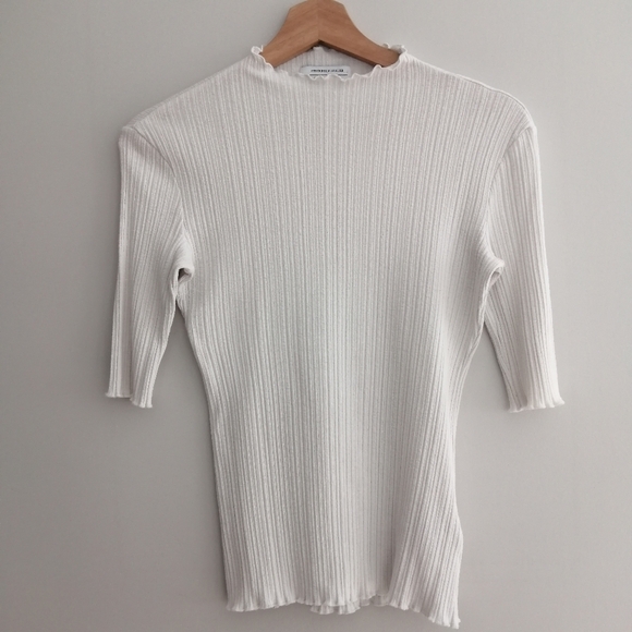 & Other Stories White Ribbed Top Elbow Sleeves Y2K Lettuce Hem 2 - Picture 2 of 16
